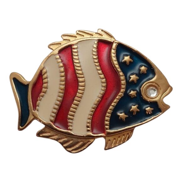 NEWPRO Patriotic Fish Brooche Red White & Blue Enamel Rhinestone Eye Vintage - Picture 1 of 9
